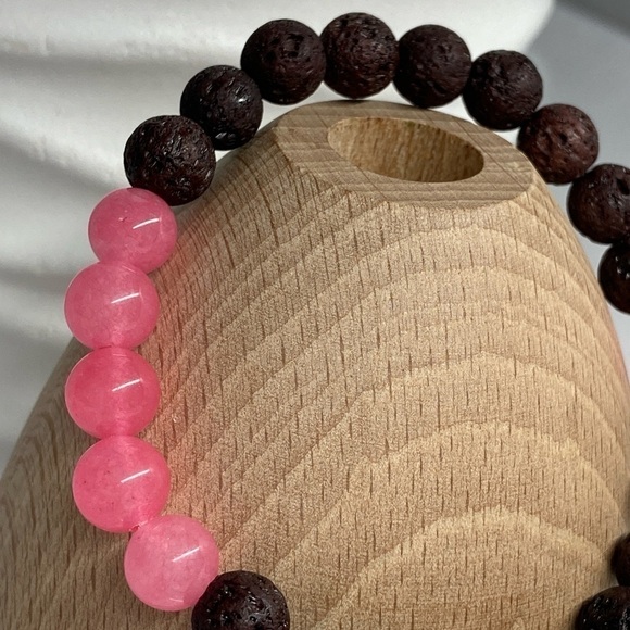 PINK Jade and Brown Lava Stone Stretch Bracelet - Picture 2 of 9